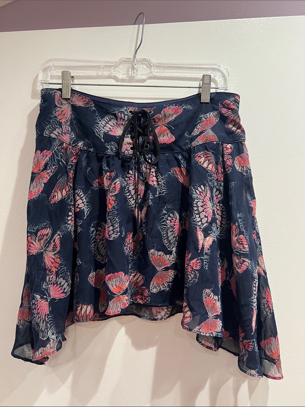 Navy Butterfly Print Lace-Up Skirt